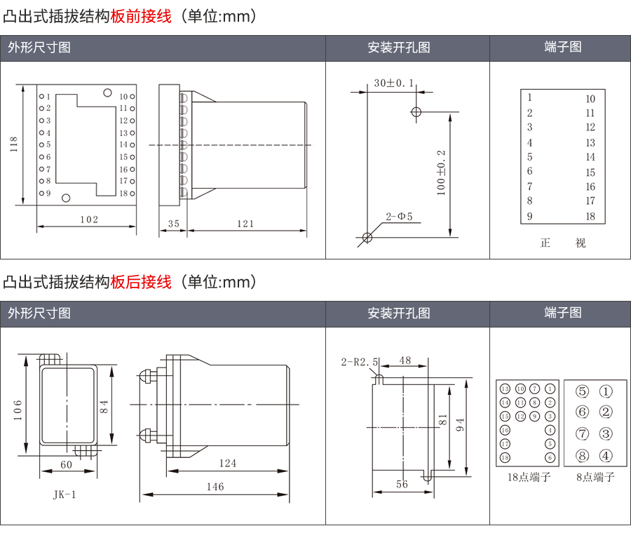 RS-10時間繼電器凸出式插拔結構外形及接線方式